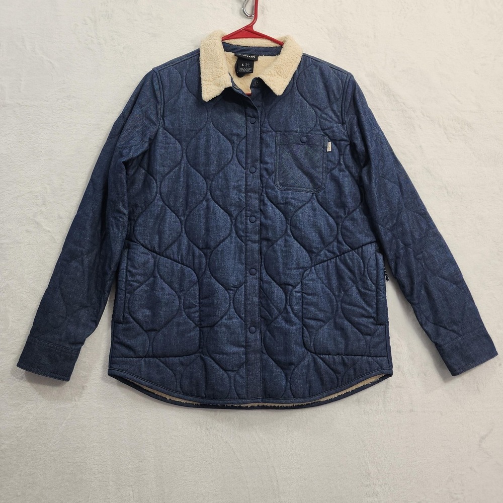 Burton Jacket Womens S Blue Quilted Denim Sherpa Collar Lined Snap Front Flannel